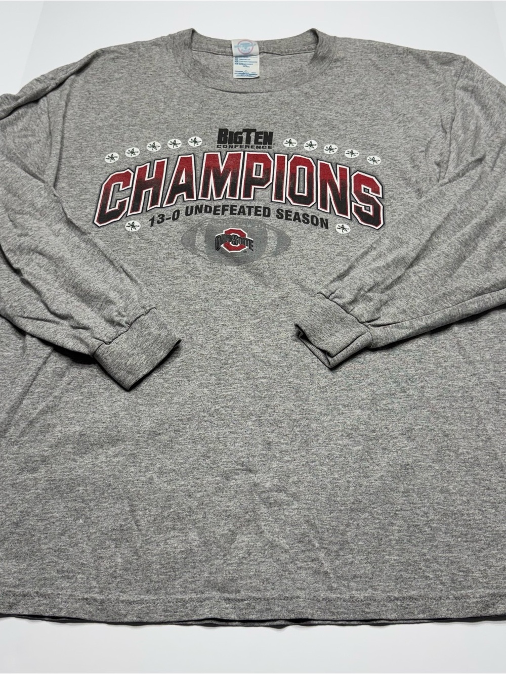 Ohio State Buckeyes Gray Long Sleeve 'Champions' Graphic Tee with Red Accents